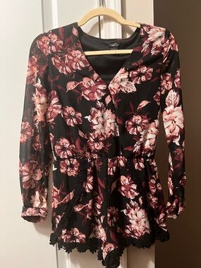 rue21 Black Floral Long-Sleeve Bodysuit Romper with Pink Blooms